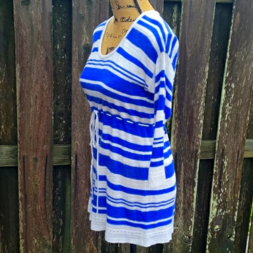 Motherhood Maternity Striped Babydoll Pointelle Sweater with Drawstring Tie